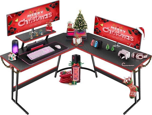 Devoko L Shaped Gaming Desk Corner Gaming Desk 128x128x70cm Corner Computer Desk Computer Gaming Desk Large PC Writing Table with Monitor Stand for Home and Office Carbon Fibre Black