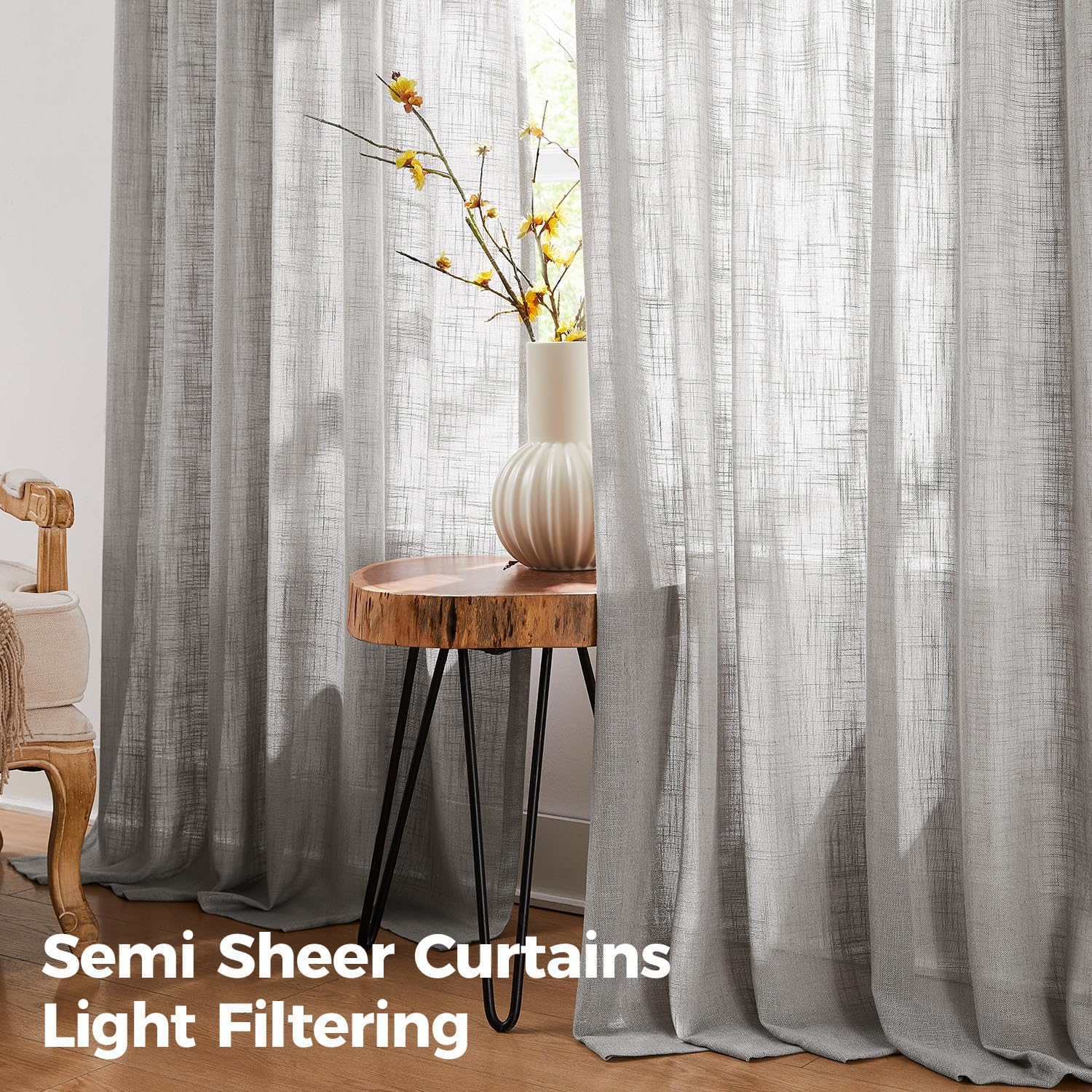 Pinch Pleated Linen Curtains for Living Room, Light Filtering Sheer Curtains 84 inches Long, Farmhouse Natural Pinch Pleat Drapes, Semi Sheer Window Grey Curtain with Hooks 2 Panels