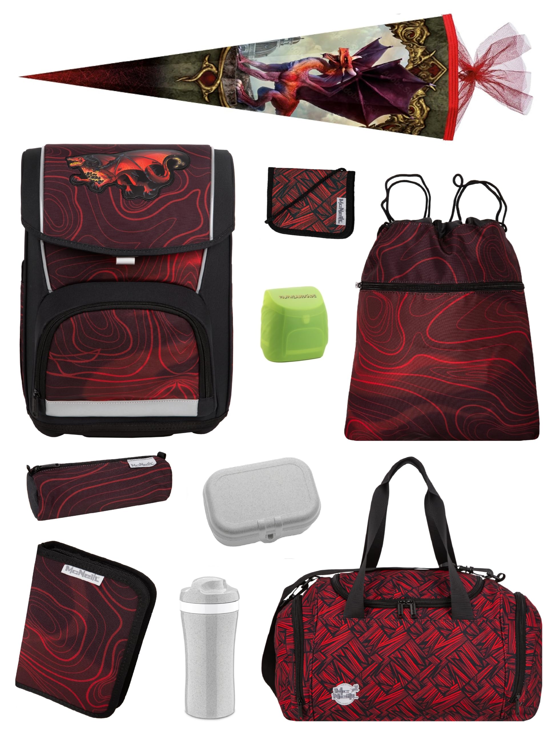 Familando - McNeill Basic Schulranzen Set - 10-teilig mit Schultüte - Drachen - Ergonomisch & Verstellbarer Brustgurt - 960g leicht mit 21L Volumen & Reflektoren - Für Grundschule ab 1. Klasse