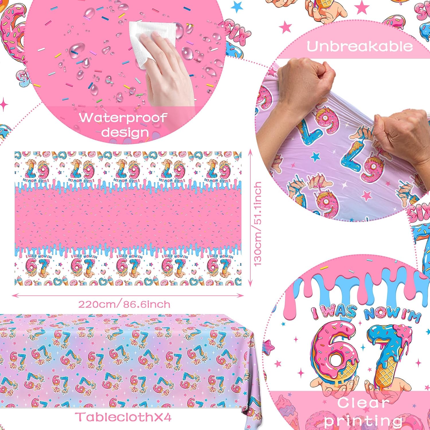 6 7 Birthday Decorations 4 Pack I was 6 Now I'm 7 Ice Cream Tablecloth Pink Sprinkle Donut Tablecloth Girls 7th Birthday Birthday Table Covers for Donut Themed Party Decorations, 51 X 87 Inch