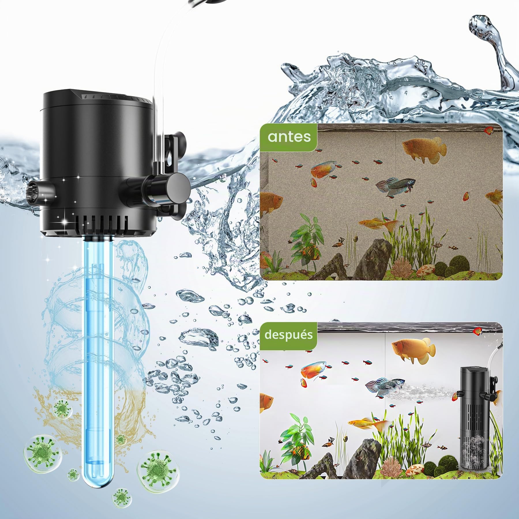 Forever Speed Filtro Acuario Interno con lámpara UVC 6W y Filtro pecera 5 en 1, para acuarios de 40L a 100L (500L/H)