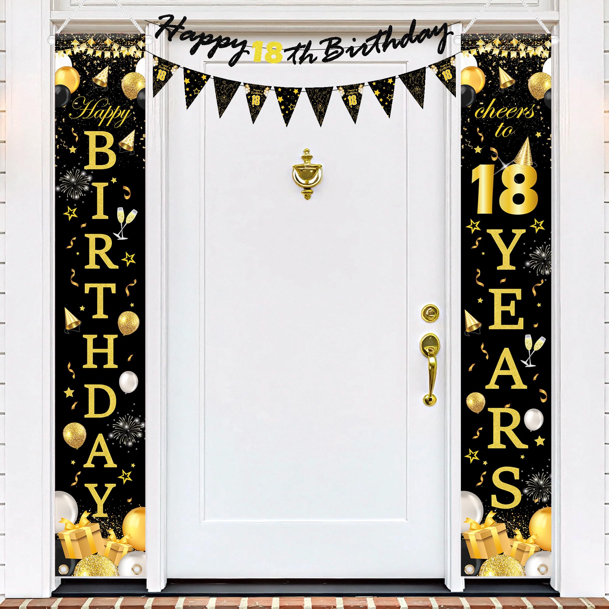 18th Birthday Decorations Black Gold, Happy 18th Birthday Banner with Door Banners, 18 Party Decorations for Boys Girls