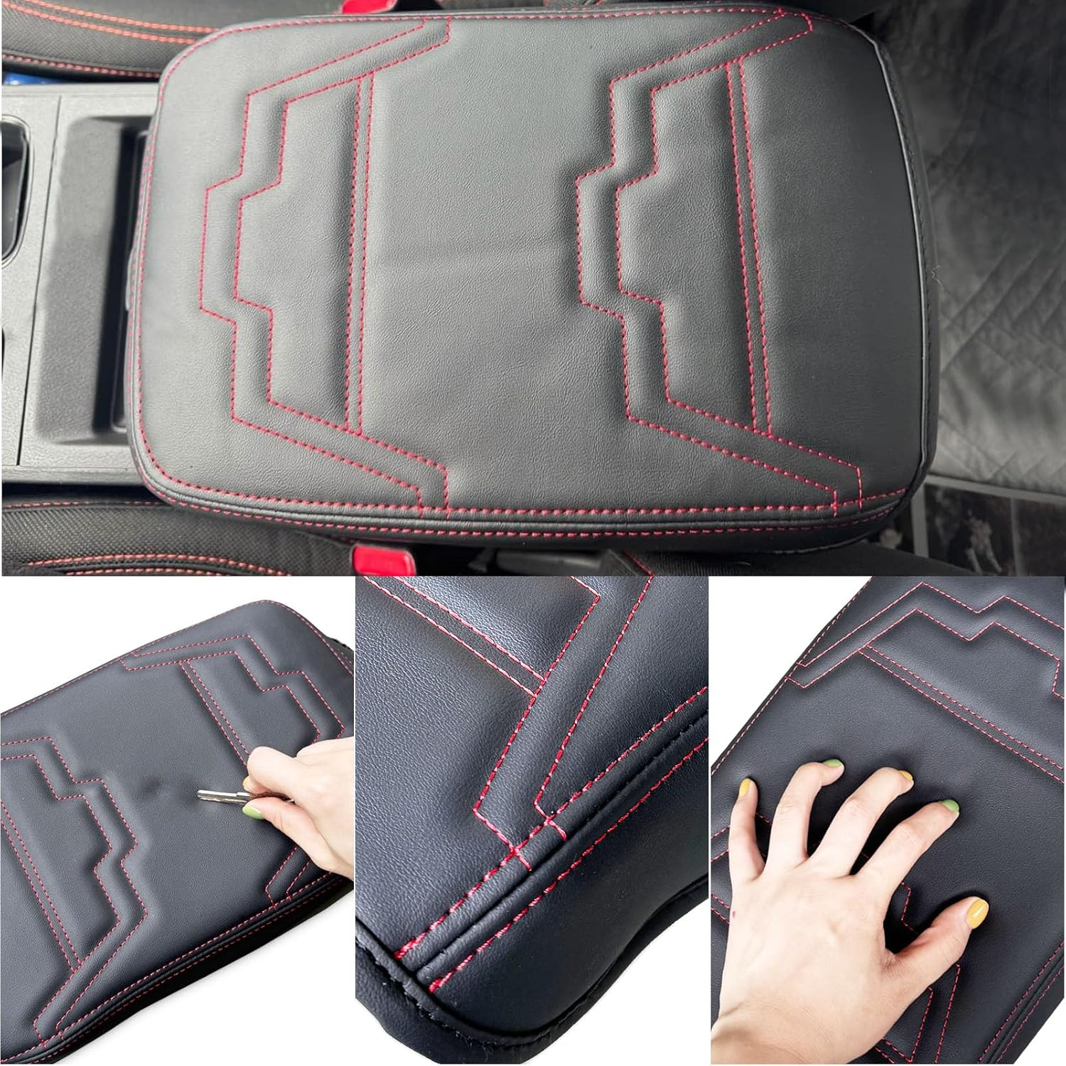 Center Console Cover for Nissan Frontier - Anti-Scratch Armrest Box Lid Pad Middle Console Cover for Nissan Frontier SV Pro 4X 2022 2023 2024 2025 2026 Interior Accessories (Red Stitch)