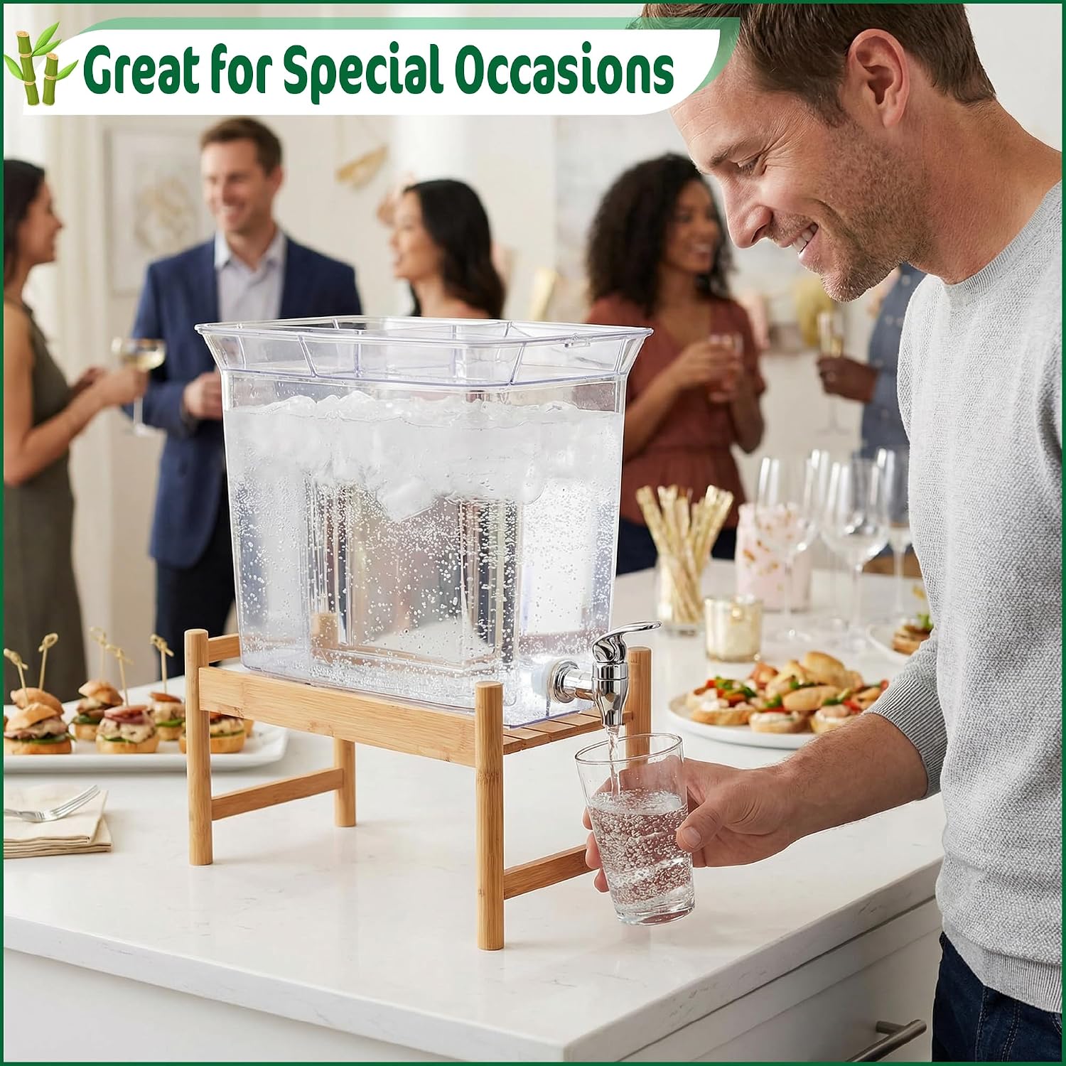 Water Dispenser Stand - Compatible with Small-Medium Drink Filter Dispensers, Pitchers - Ideal for Countertops, Lemonade Stands, Parties - Long-lasting Natural Bamboo