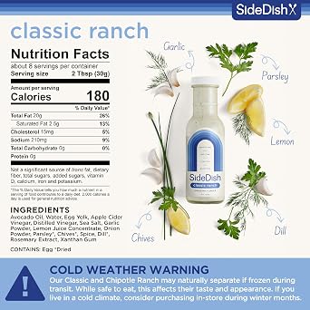 SideDish Classic Ranch Dressing - Seed Oil Free, Dairy Free & Gluten Free Salad Dressing w/Avocado Oil - Sugar Free, Low Sodium Healthy Ranch Dressing - Paleo Dressing for Sauces & More - 8 fl oz
