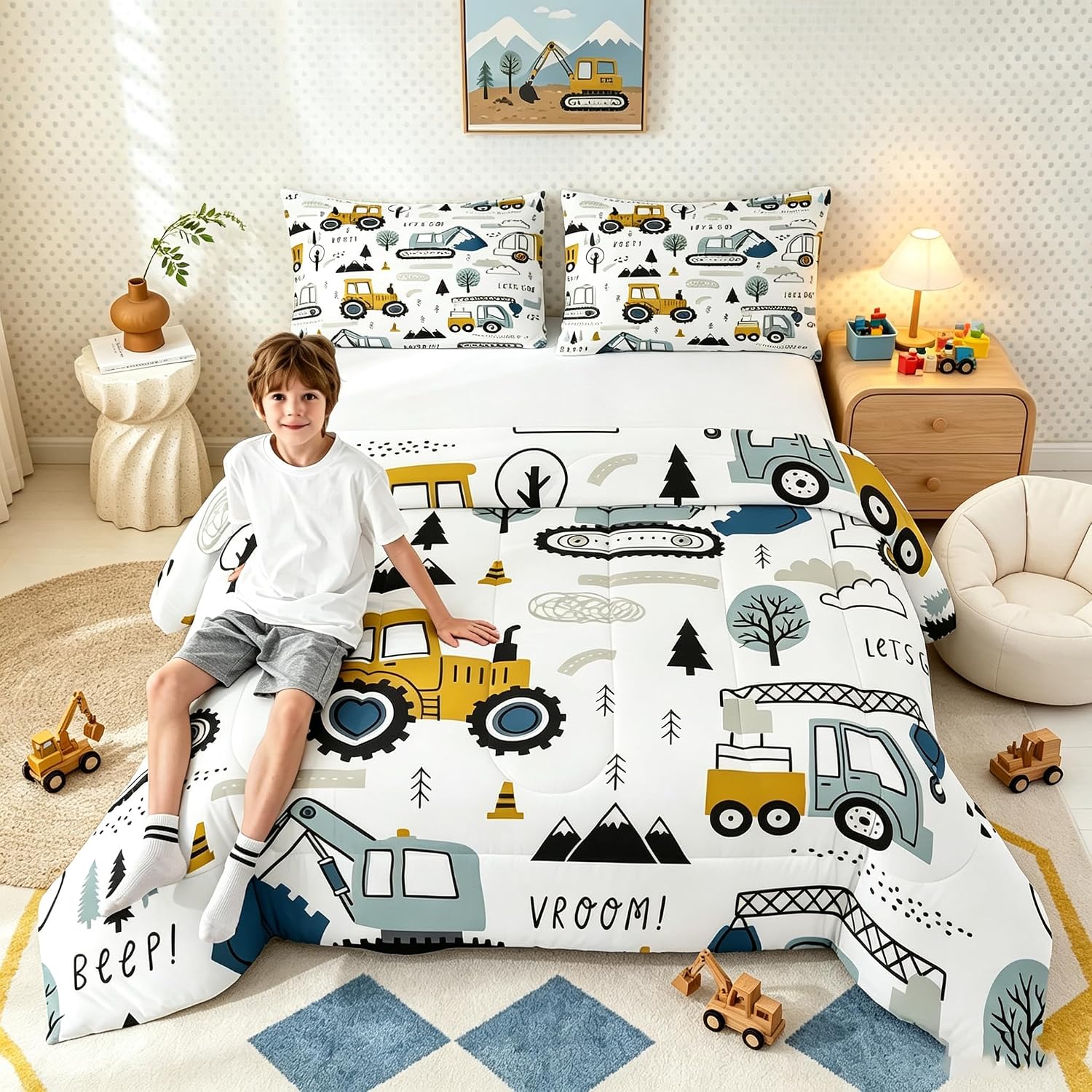 Feelyou Cartoon Car Kids Comforter Set Construction Bedding Set for Boys Toddler Decor Equipment Trucks Comforter Cartoon Car Excavator Tractor White Yellow Duvet Set 2Pcs Twin with 1 Pillow Case image 2