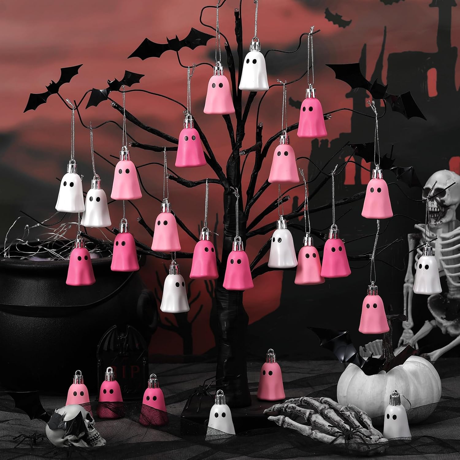 Gejoy 36 Pcs Halloween Tree Ornaments Cute Ghost Tree Decorations White Pastel Plastic Halloween Hanging Ornaments Decorative Mini Ghost for Home Party Supplies (Light Pink,Pink,White)