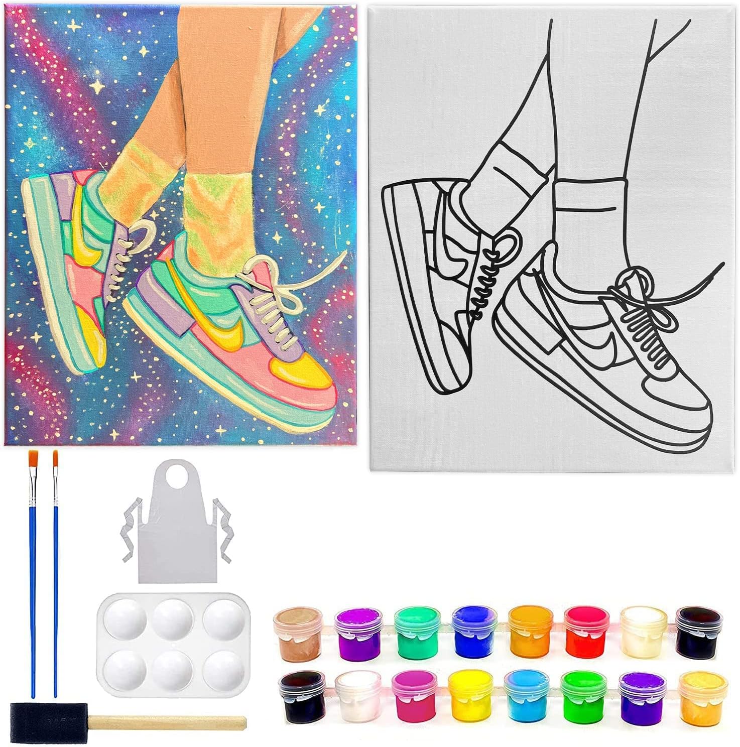 INDIGO ART STUDIO Sneakers Canvas Painting Set | Paint and Sip | 2 Pack 11x14 Inches | Stretched Canvas with a Frame | Couples Date Night Adults Kids Beginner | Christmas Gift | Birthday Party