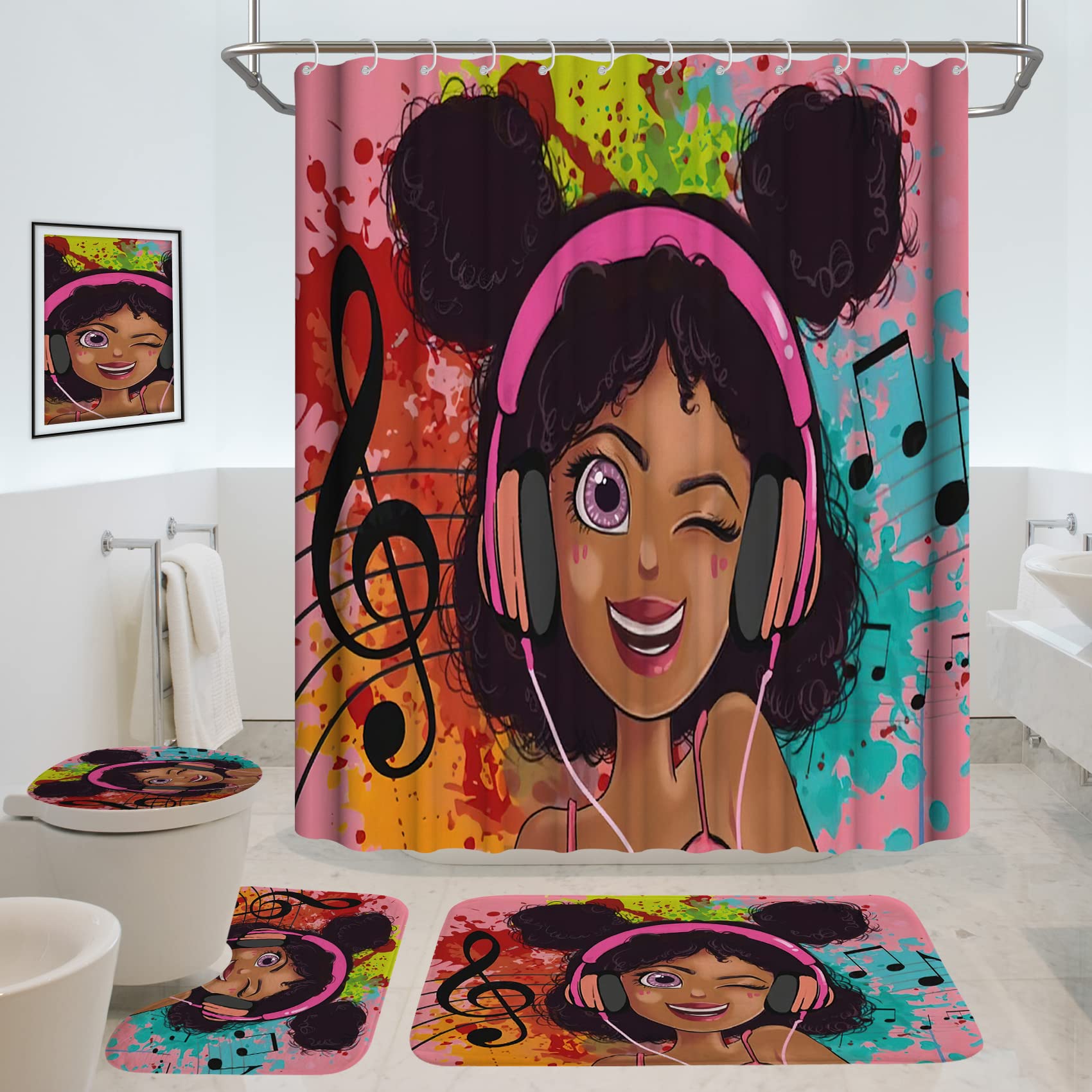 Photo 1 of **USED BUT APPEARS NEW** 4Pcs Black Music Girl Shower Curtain Set