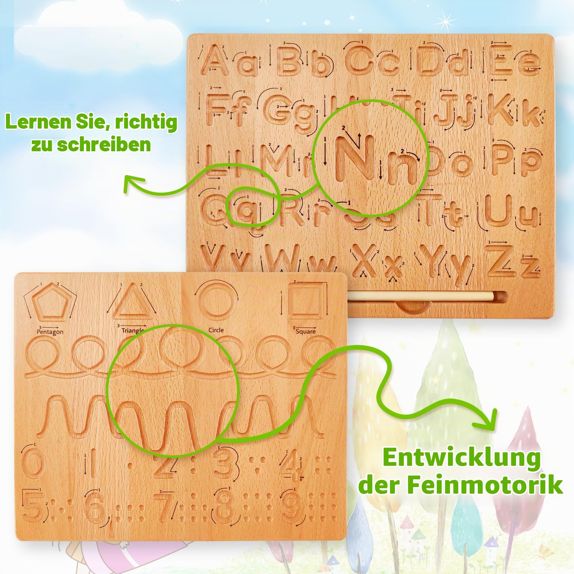 TanFans Holz-Alphabet Schreibtafel - Montessori Lernspielzeug für Vorschulkinder - Feinmotorik fördern - ABC Schreiben Lernen - beidseitiges Übungstool - Geschenk für 3-5 Jahre alte Kinder