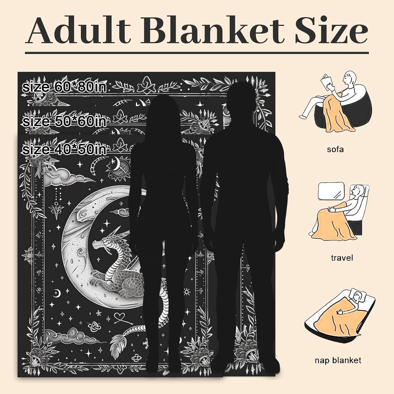 Mystical Dragon and Moon Flannel Blanket 50x60in for Dorm Picnic,Mystic Creature and Celestial Throw Blankets,Home Decoration,Warm All Season Use,Thoughtful Gifts for Adults Fantasy Lovers - Image 3