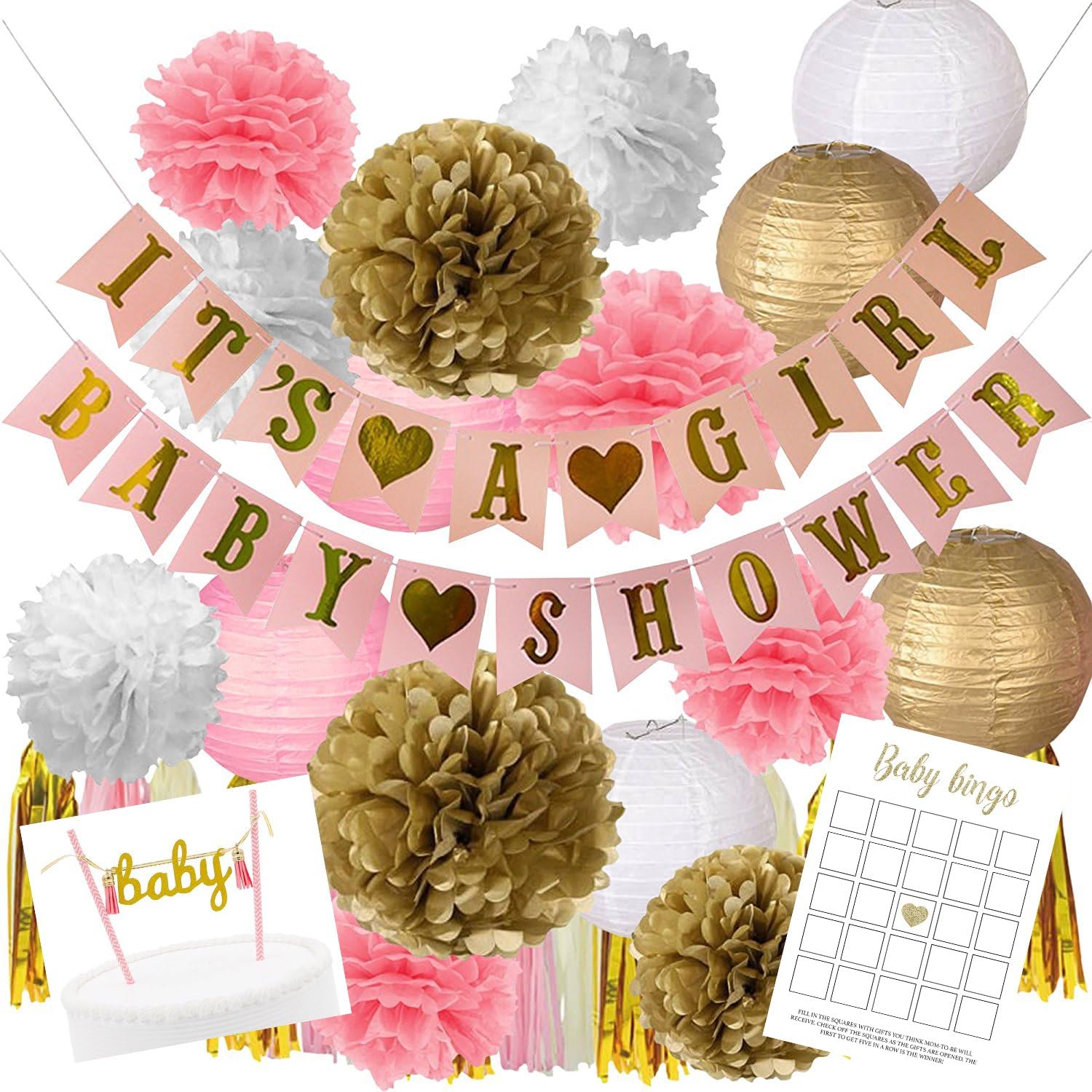Pink and Gold Baby Shower Decorations for Girl 37 Pieces Bonus Baby Bingo and