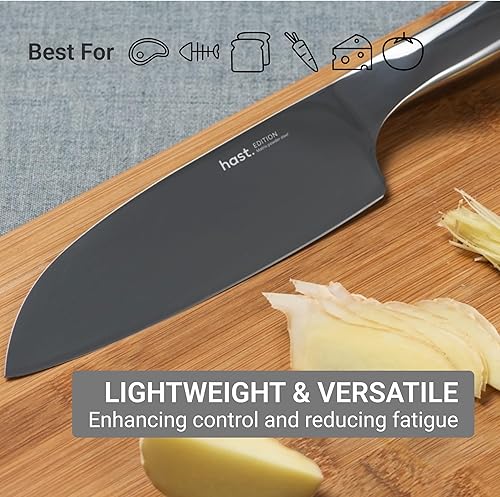 Miniatura 5 de HAST Cuchillo Santoku Edition de 6.3 pulgadas, cuchillo de chef japonés profesional ultra afilado, acero en polvo avanzado, ligero, cómodo diseño