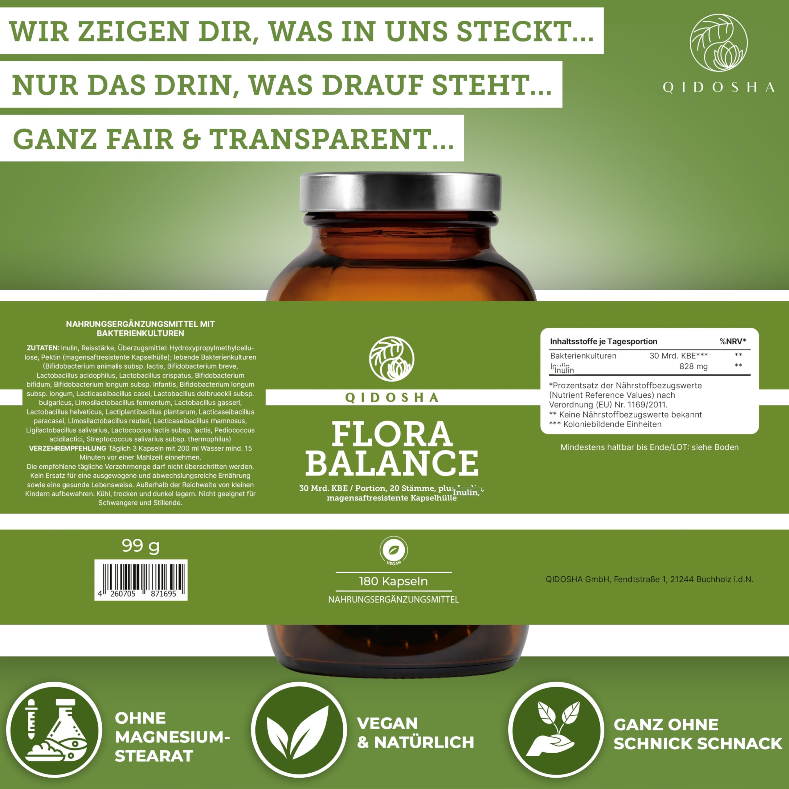 QIDOSHA® Premium Bakterien-Kulturen-Komplex, 180 magensaftresistente Kapseln, 20 Bakterienstämme plus Inulin, hochdosierte 30 Mrd KBE/Tagesdosis, deutsche Fertigung, vegan