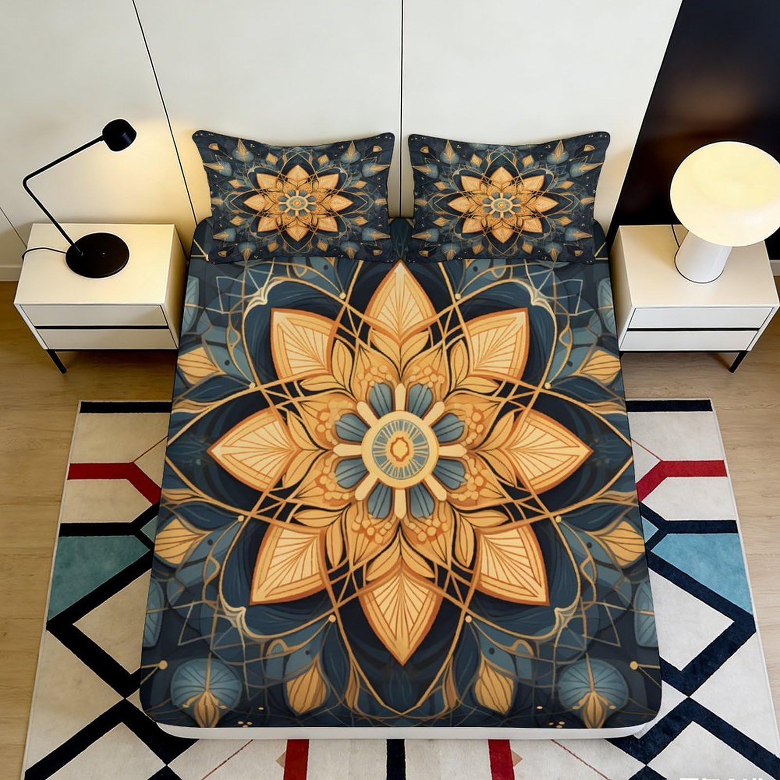 3D Printed Mandala Floral Fitted Sheet Microfiber Soft Breathable Lotus Bed Cover for Bedroom Guest Room Decor 90x200x25cm