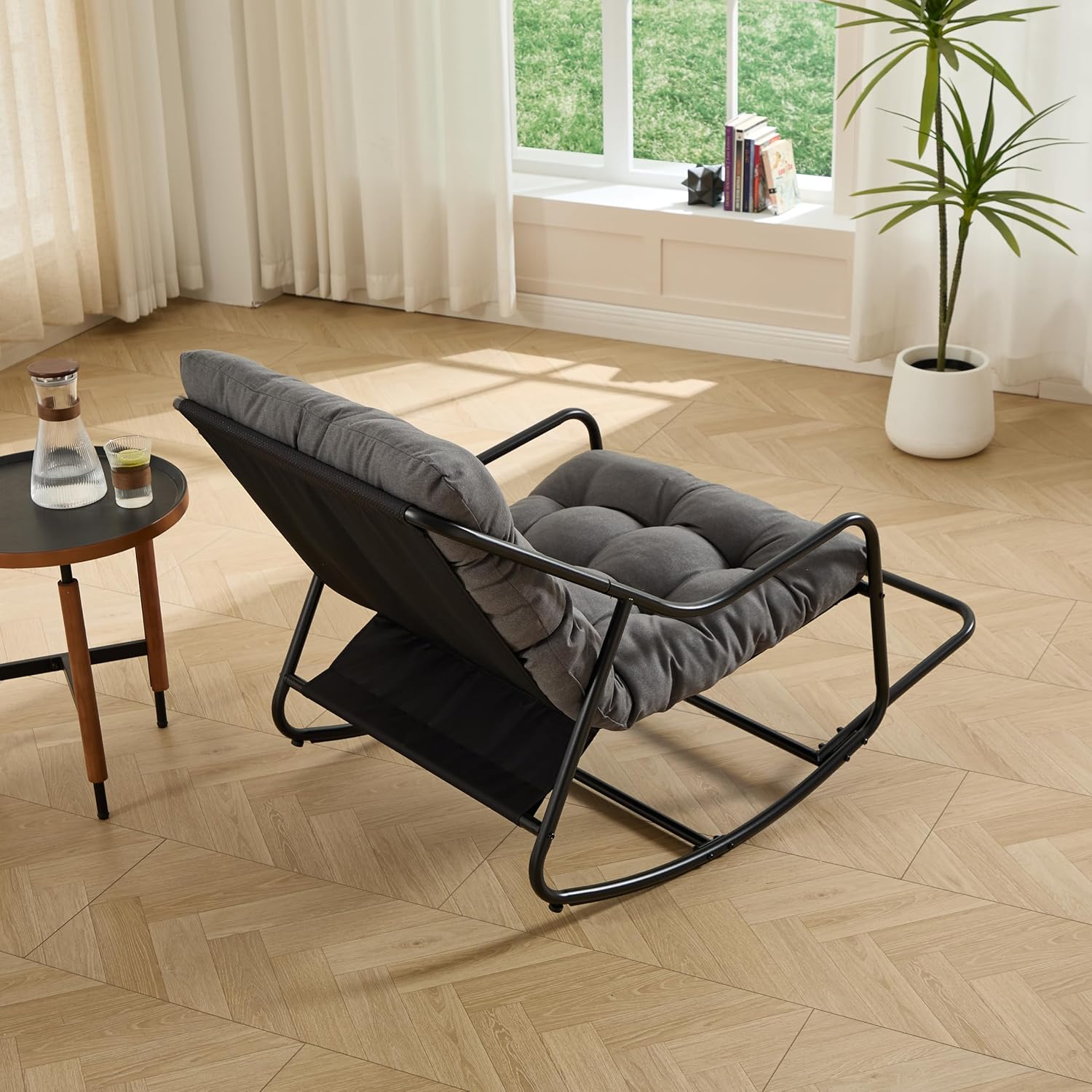 KEIKI Oversized Papasan Rocking Chair with Thick Quilted Polyester Cushion, Ergonomic Lounge Rocker with Metal Frame & Anti-Slip Feet, Indoor Outdoor Patio Chair for Porch, Balcony, Living Room, Gray