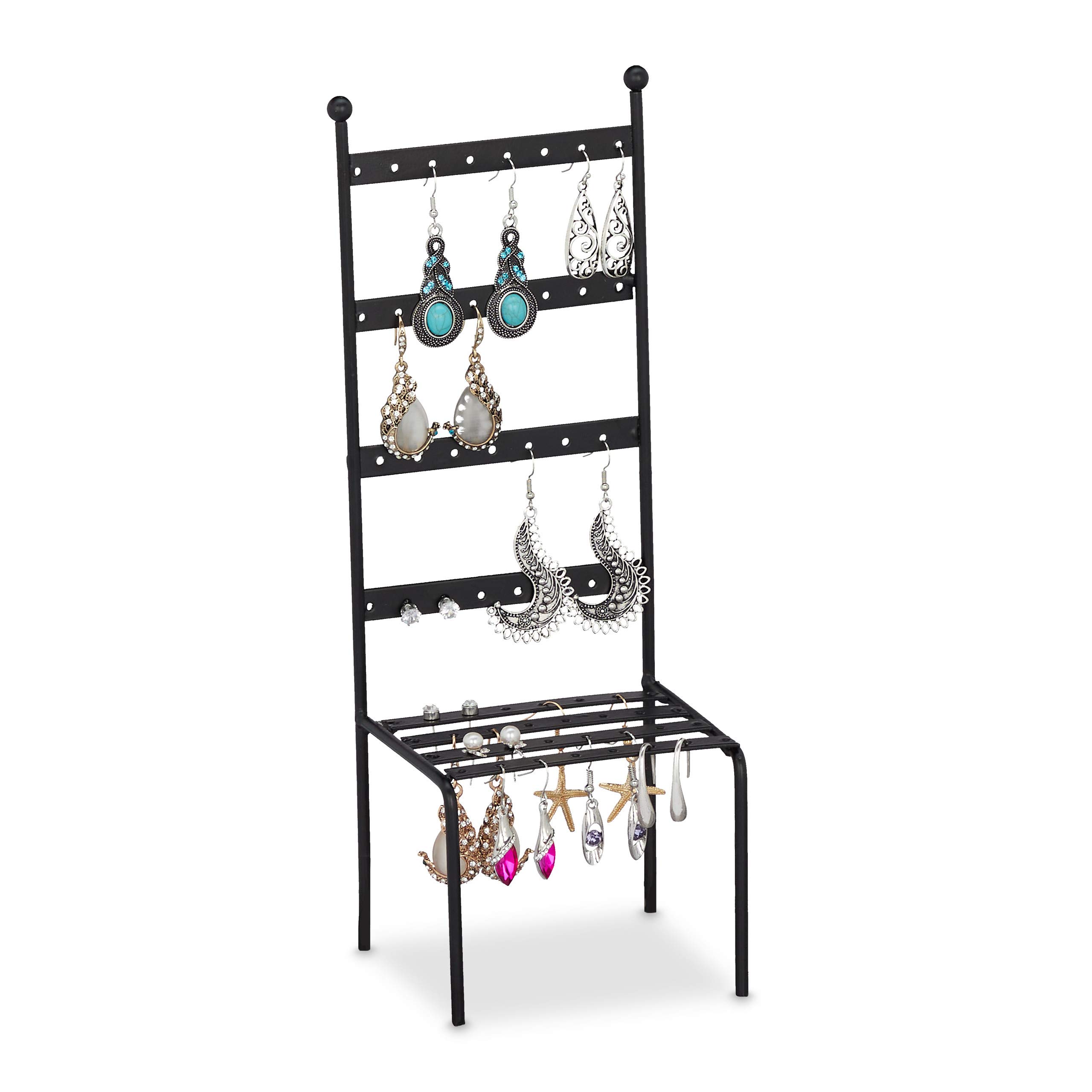 Relaxdays Porta Orecchini A Sedia, Portagioielli In Ferro Con 56-64 Fori, 27x10x9 Cm, Organizer Da Tavolo Nero