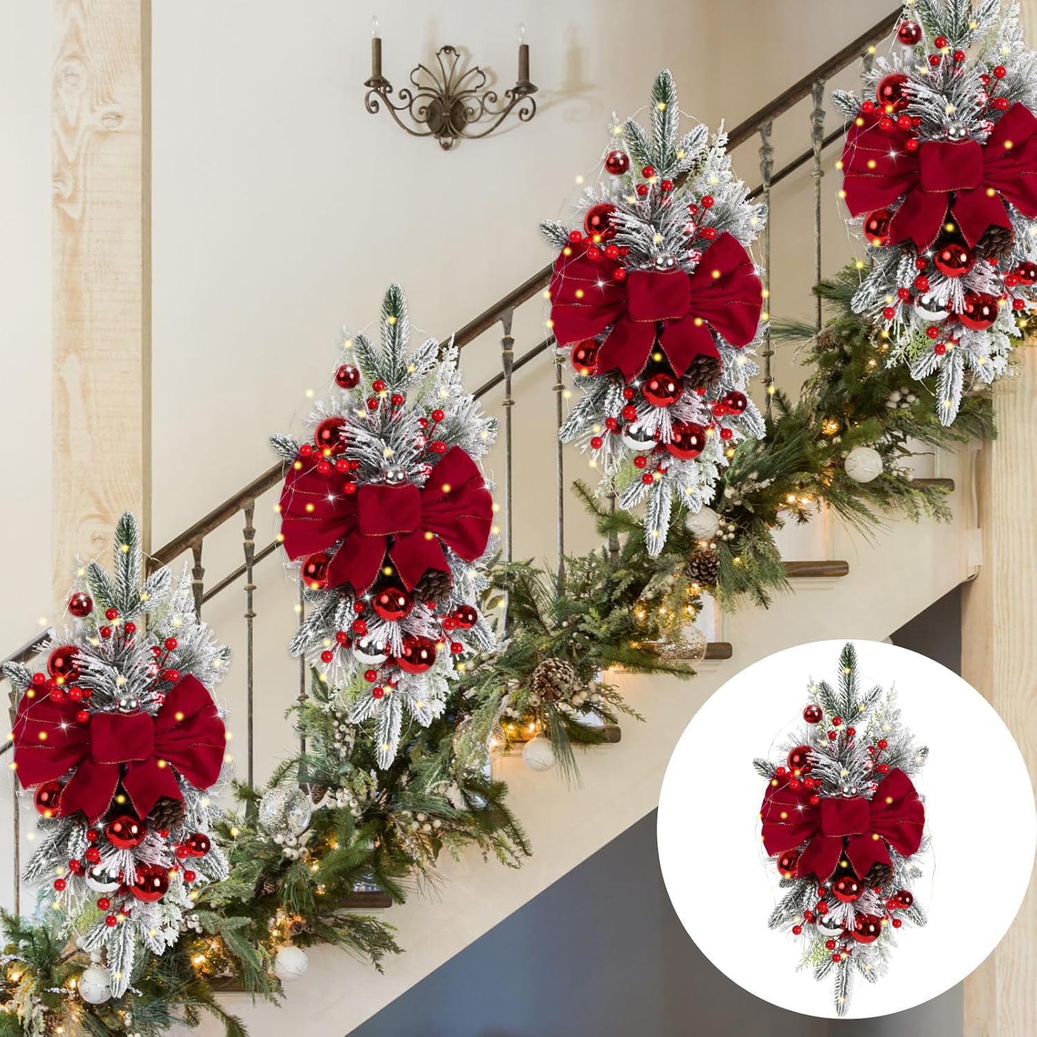 4PCS Red Christmas Teardrop Swag Christmas Wreaths 24'' Prelit Xmas Stairway Swag Teardrop Trim Wreath for Front Door Outdoor Home Garden Stair Railing Wall Window Christmas Decorations (Red)
