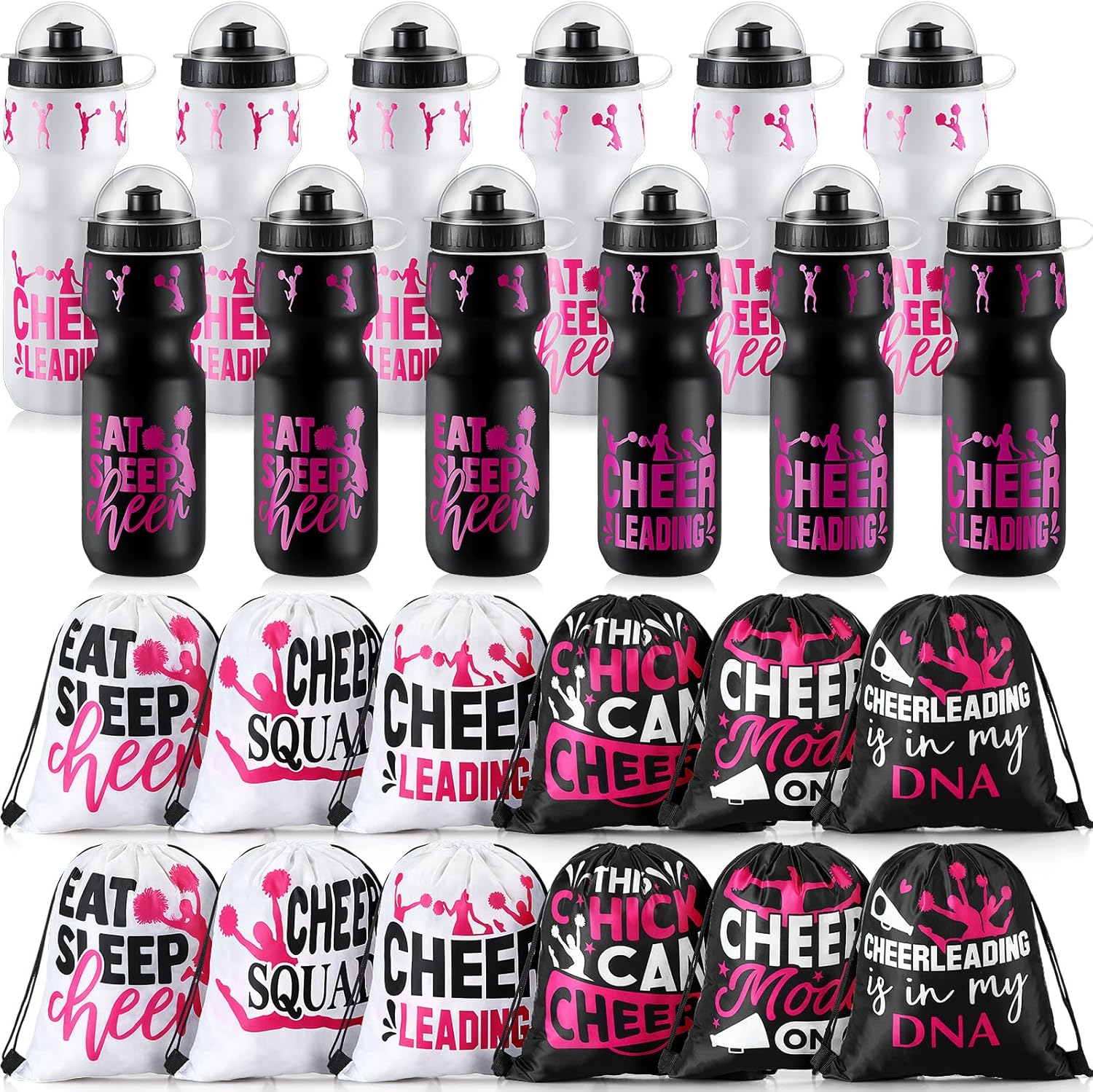 Hosuly 24 Pcs 24 oz Cheerleading Water Bottle Bulk and Drawstring Bag Set 12 Reusable Plastic Biking Water Bottle Tumbler 12 Sport Gym Goodie Gift Bag for Party Favor
