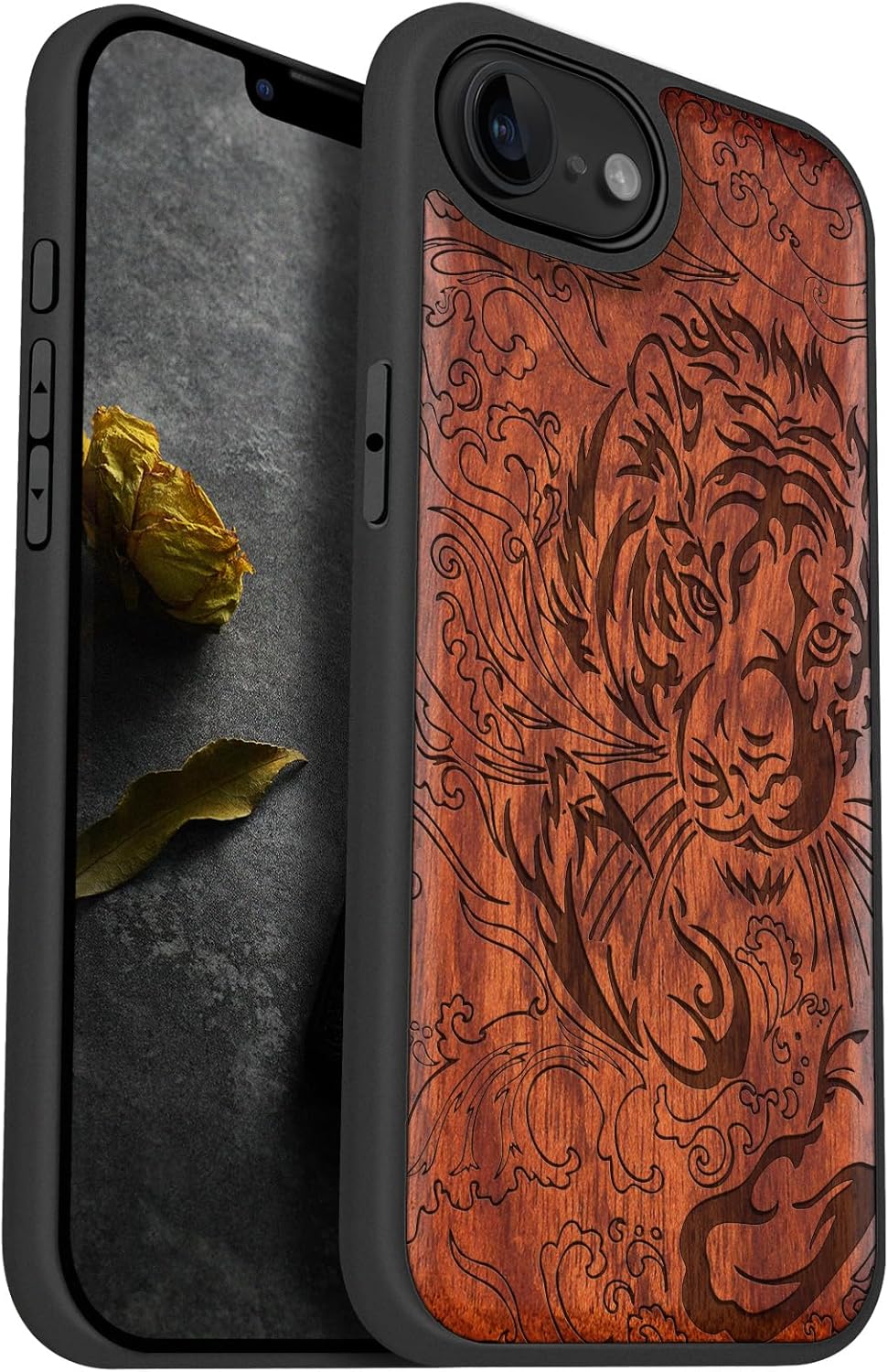 Carveit Magnetic Wooden Case for iPhone 16e / 17e, Solid Wood & Black TPU, Artisan Engraved Design, Shockproof Cover, Compatible with MagSafe Wireless Chargers, Tiger Waves - Rosy