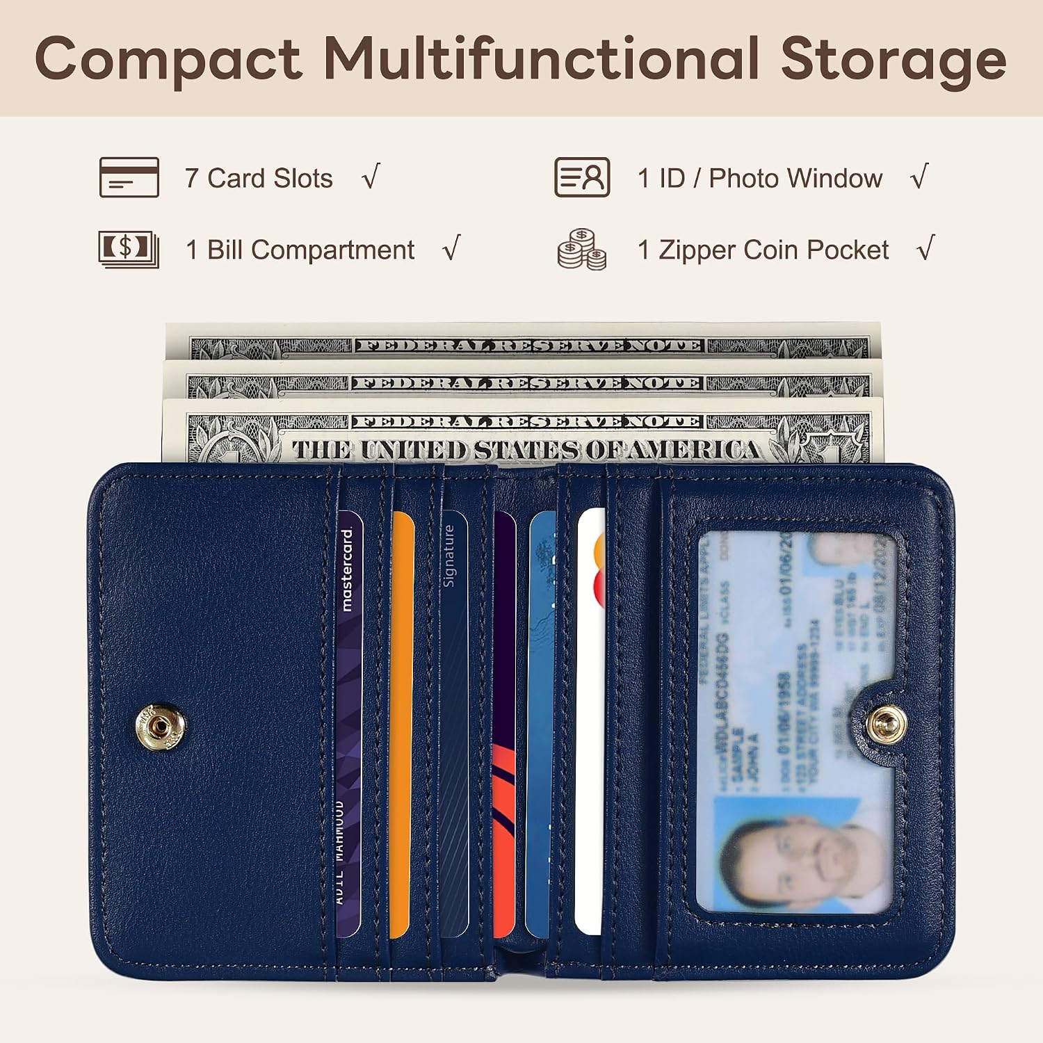 Small Wallet Women RFID Blocking Leather Bifold Compact Card Holder Wallet for Women With Zipper Coin Pocket ID Window (Blue Navy) image 3