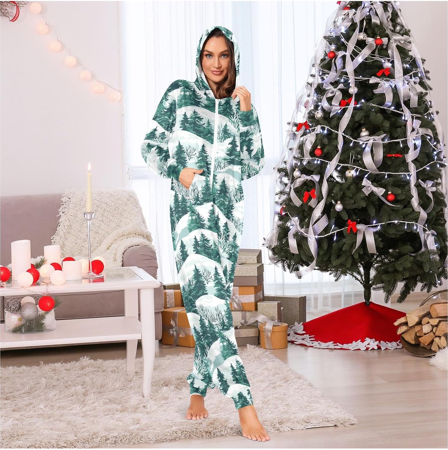 ZZKKO Snowy Scenery Forest Tree Adult Onesie Pajamas for Women Men Cozy One Piece Pajamas Costume Zip-Up Hooded S-XL