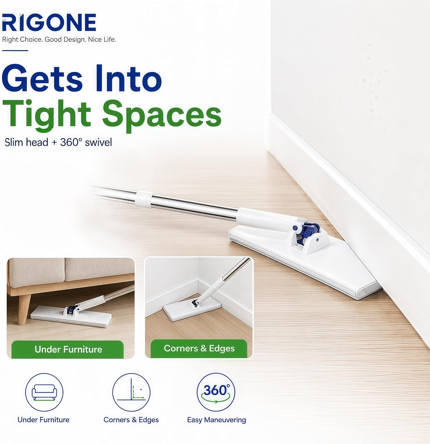 RIGONE Snap Grip Mop Kit, Hands-Free Flat Mop with One-Press Clip, 49" Wet Dry Floor Cleaner, Use Any Cloth, Towel or Rag, 34-Piece Set for Hardwood Tile Wall Window Home Cleaning