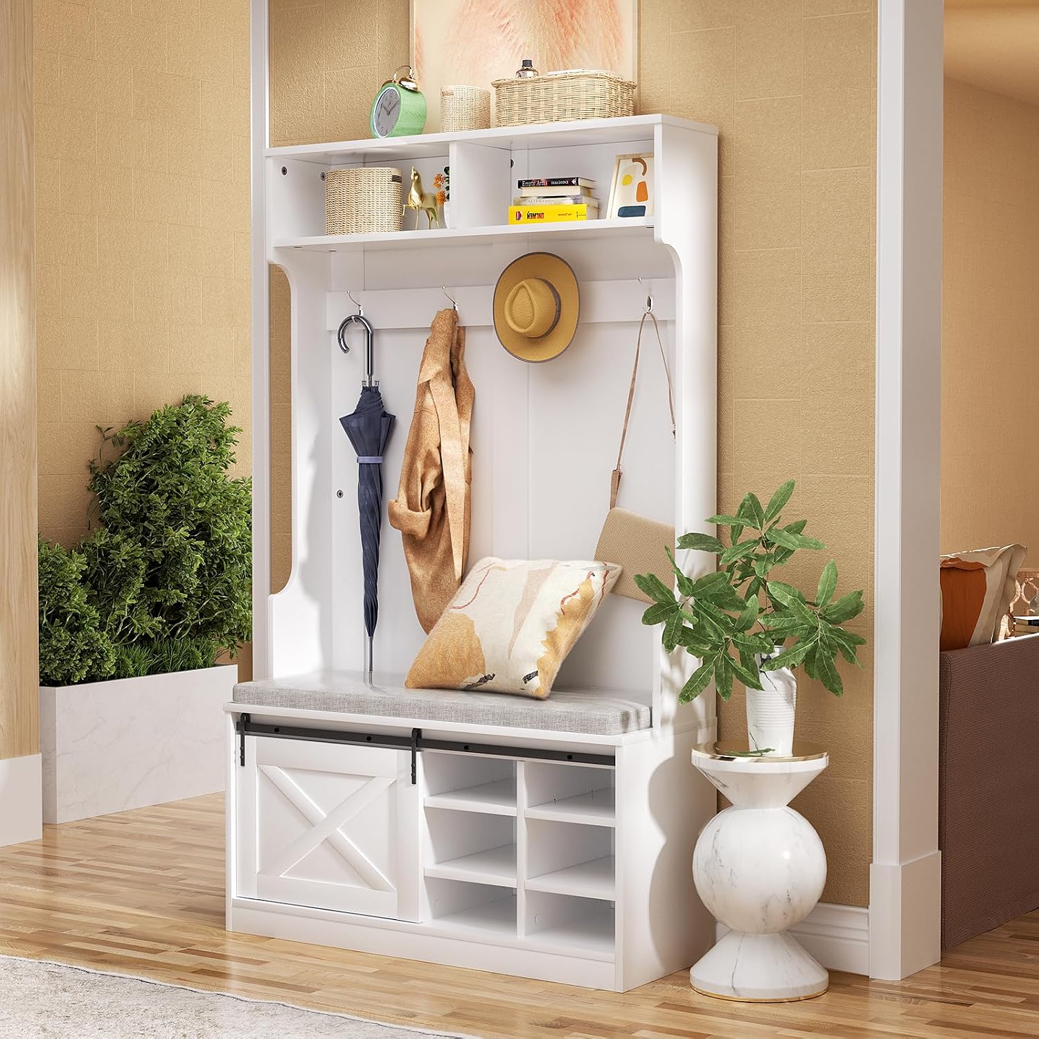 ROOMTEC Entryway Hall Tree with Bench and Shoe Storage, Coat Rack with Shelf 4 Hooks, Upholstered Shoe Storage Bench with Slide Cabinet Organizer Drawer Barn Door and Adjustable Shelf, White