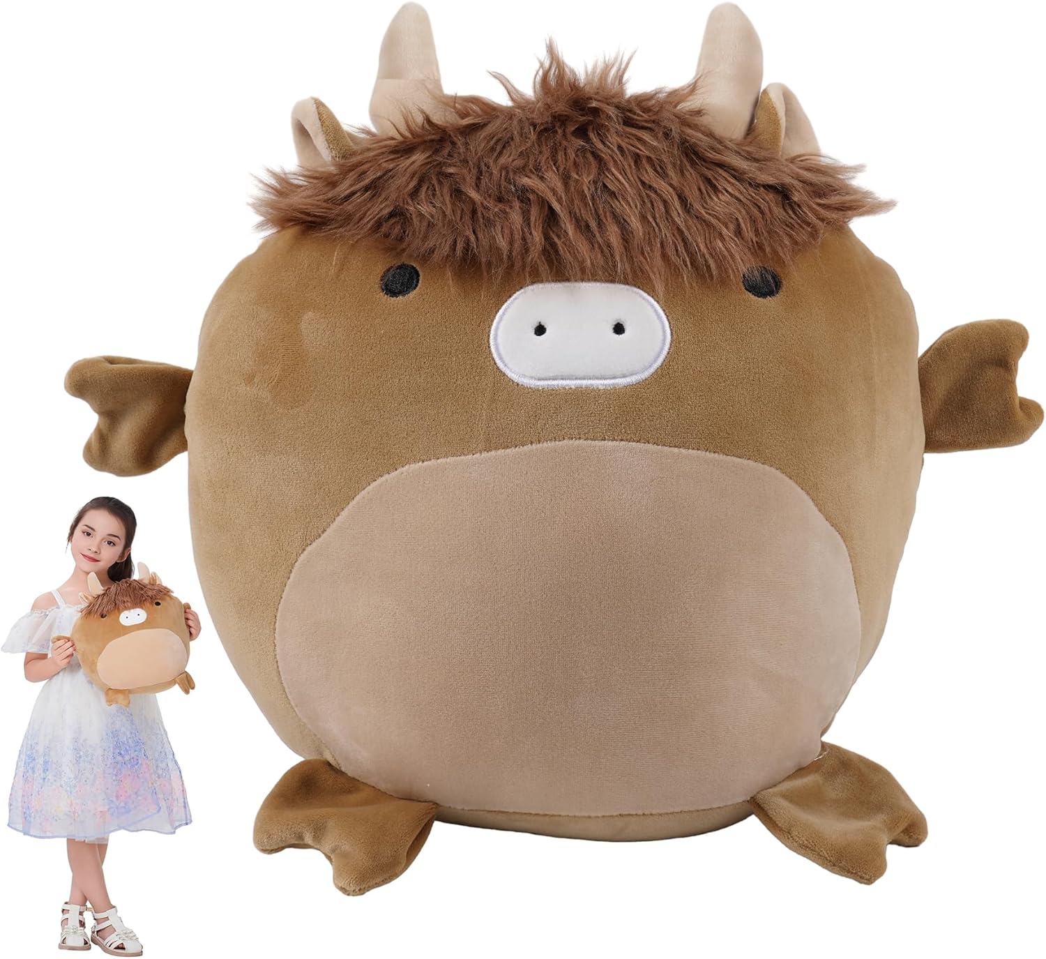 17 Inch Soft Scottish Highland Cow Plush Hugging Pillow Cute Highland Cow Stuffed Animal Plushies Toy Brown Fluffy Cow Stuffed Animals Scottish Cow Plush Toys Gift for Kids and Lovers