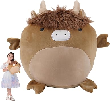 17 Inch Soft Scottish Highland Cow Plush Hugging Pillow Cute Highland Cow Stuffed Animal Plushies Toy Brown Fluffy Cow Stuffed Animals Scottish Cow Plush Toys Gift for Kids and Lovers