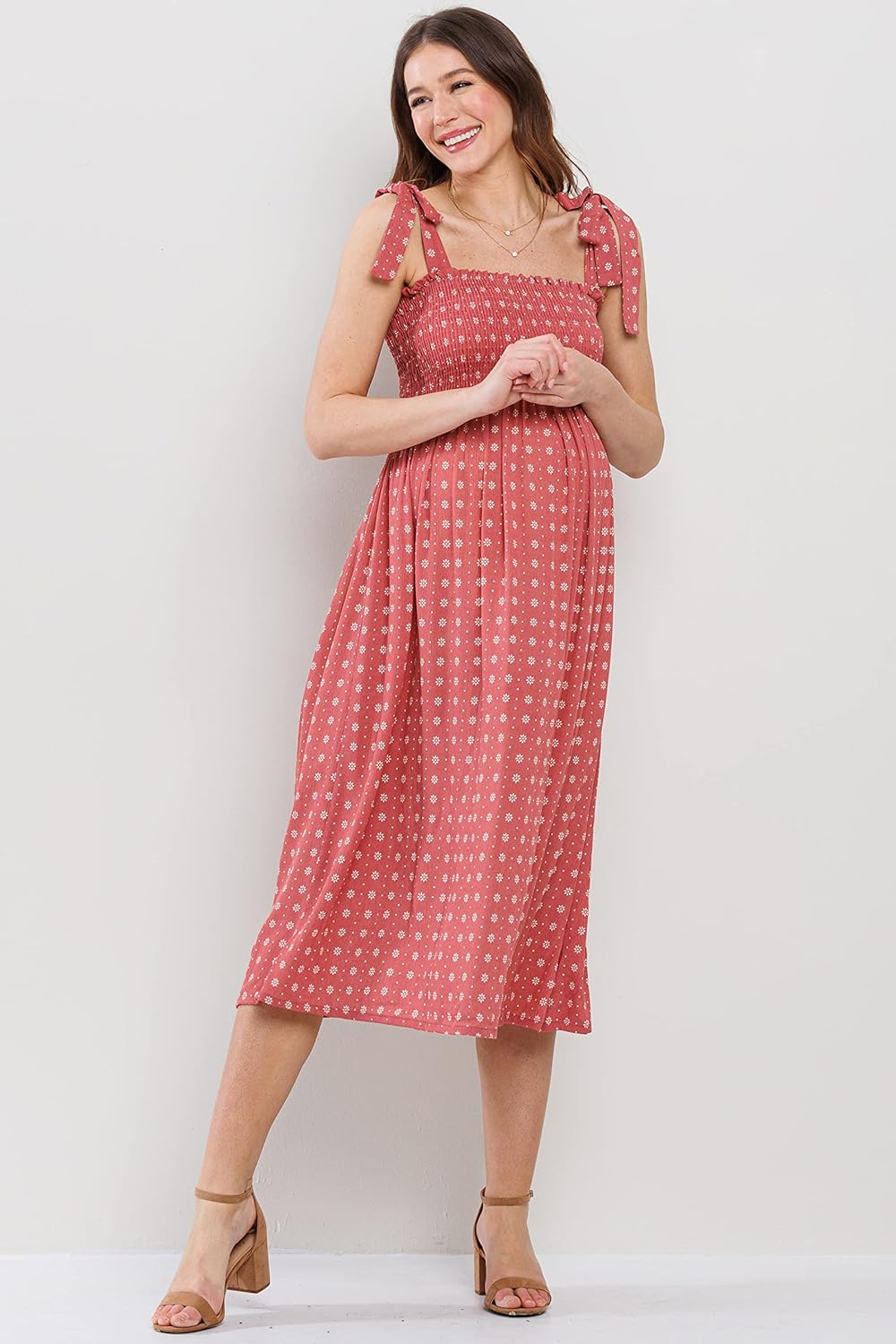 Womens Smocked Midi Maternity Dress