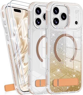 JAME for iPhone 17 Pro Max Case with Invisible Stand, 2 Screen Protectors, Compatible with MagSafe, Anti-Yellowing Clear Glitter Girly Shockproof Protective 17 Pro Max Case Cute for Women Girls, Gold