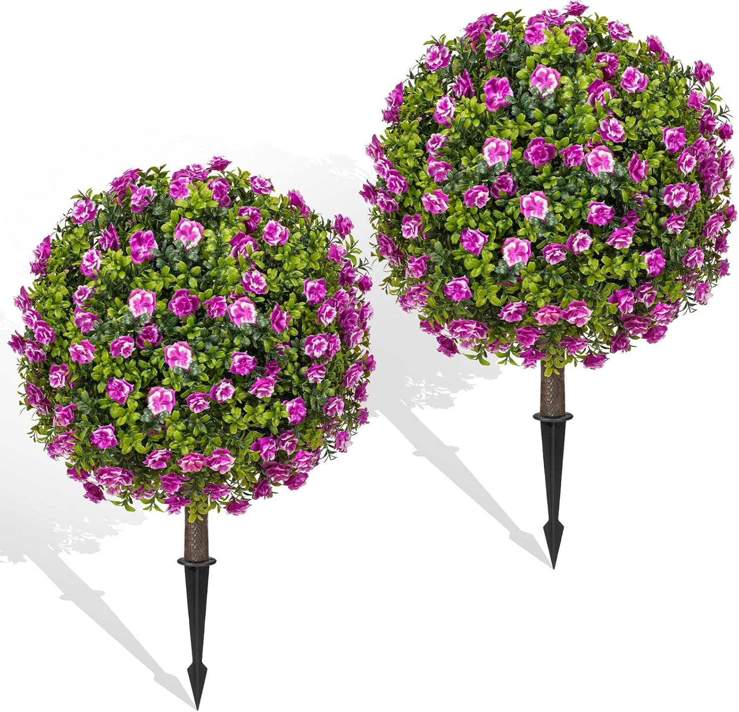 Grewyear Artificial Purple Rose Topiary Ball Trees with Ground Spike Set of 2, Faux Boxwoods for Outdoor Planters, UV Resistant Artificial Outdoor Plants for Porch, Fake Bushes Round Shrub