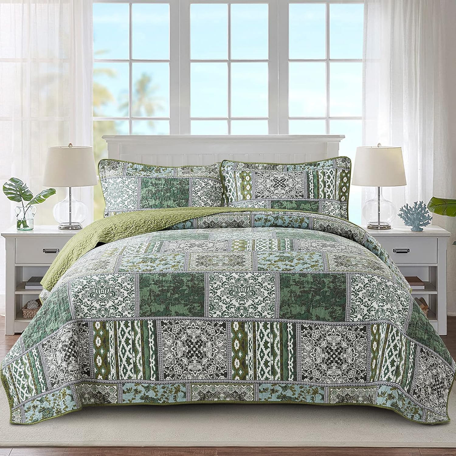 NEWLAKE Cotton Bedspread Quilt SetsReversible Patchwork Coverlet Set