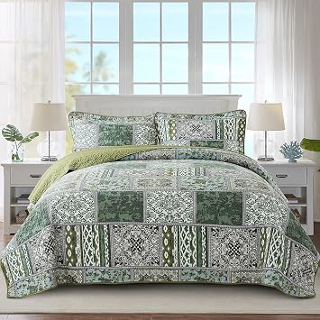 NEWLAKE Cotton Bedspread Quilt Sets-Reversible Patchwork Coverlet Set, Green Classic Bohemian Pattern,Queen Size