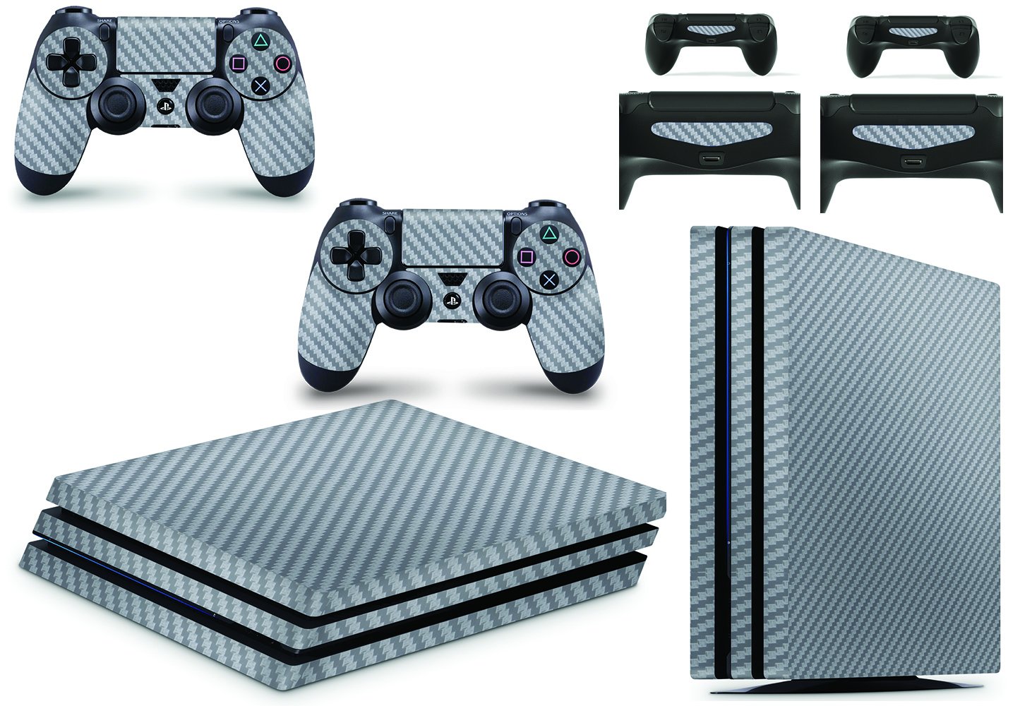 PS4 PRO Console Skin Vinyl Cover Decal Sticker Carbon Silver+ 2 Controller Skins Set
