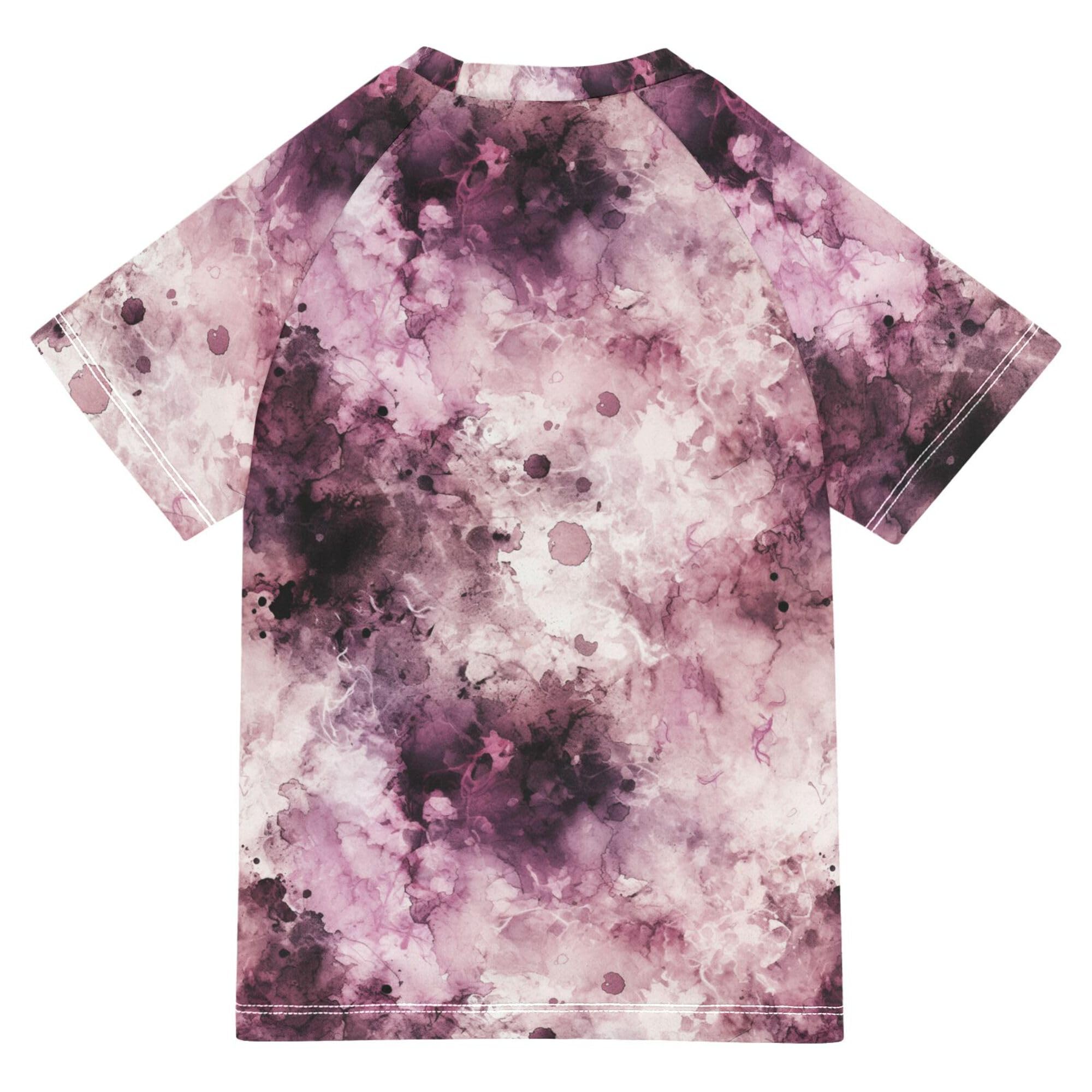 Watercolor Abstract Splash-Ink Purple Girls Bathing Suit Short Sleeves Rash Guard for Girls Swimwears Athletic Tops for Toddler Boy 5-6T