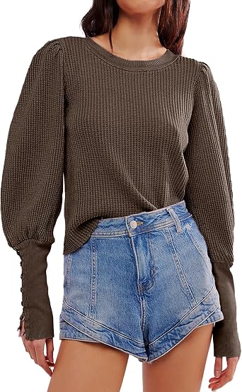 Womens Waffle Knit Puff Long Sleeve Tops Crew Neck Sweatshirt Casual Pullover Thermal Top