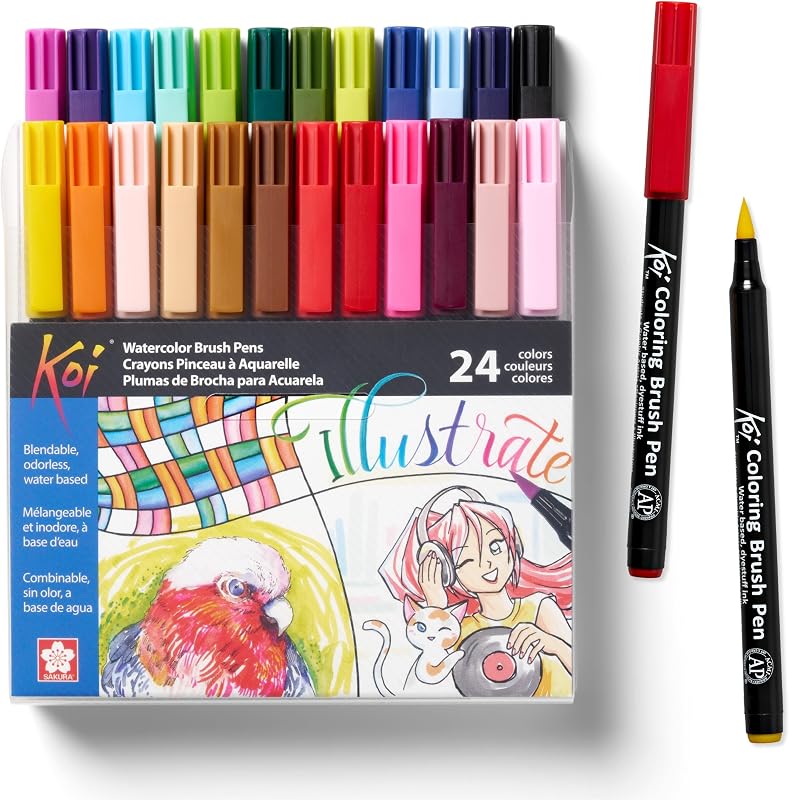 XBR-24SA 24-Piece Koi Assorted Coloring Brush Pen Set | Watercolor Brush Pen Set, Durable Tip Springs Back to Shape, Odorless Water-Based Solvent for Smooth Blending