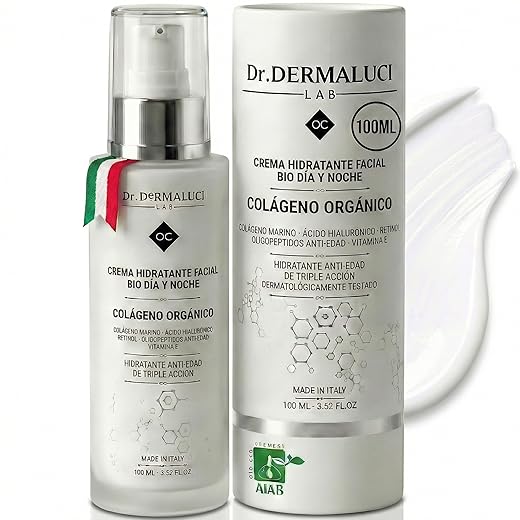 Bio Crema Facial Hidratante Colágeno Marino, Retinol, Ácido Hialurónico, Vitamina C+E, Oligopeptidos, Aloe Vera, Aceite Jojoba |Ecológico/Antiedad | Belleza Natural |Regalo Original |Made in Italy