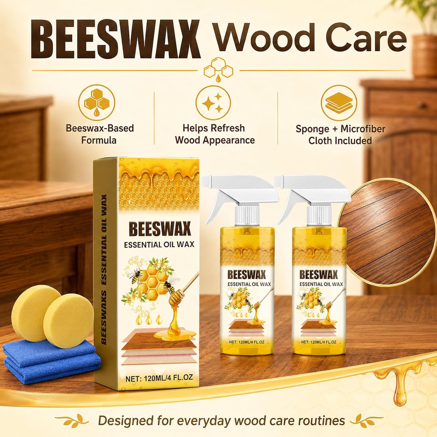 beeswax Wood Polish, Restores Shine & Removes Scratches Multi-Purpose Furniture Polish, Wood Cleaner Repairing Spray For Living Rooms,Kitchens,Wood Furniture Floors with Sponge and Towel (1)