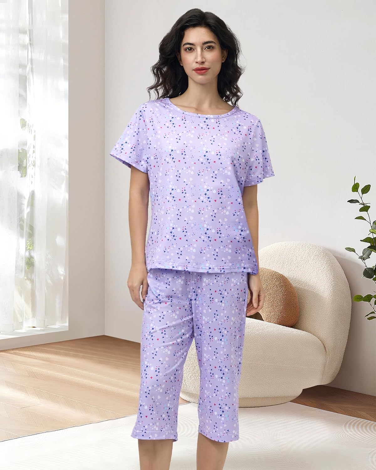 XPUDAC 4-Pack Womens Pajama Sets Short Sleeve Tops with Capri Pants Soft Sleepwear Pjs Set - Image 4