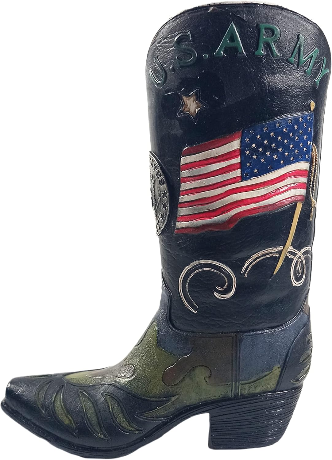 Urbalabs Western USA Flag Army Cowboy Boot Vase 10 Inch Black Green Military Cowboy Boot Flower Vase Decorative Cowboy Boots Vases Home Office Rustic Decor Country Living Wedding Centerpiece