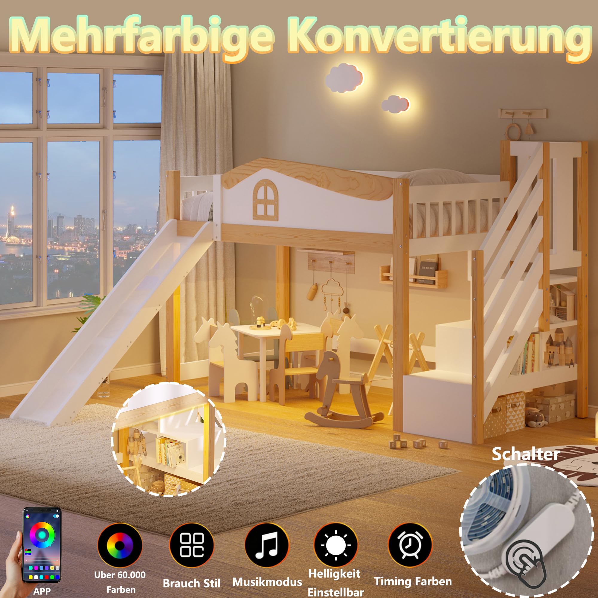 BTM Halbhohes Bett 90x200 Holz Hochbett mit Rutsche, Stauraum Treppe Kinderhochbett mit Rausfallschutz, Weiß + Natur