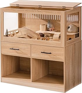 MEWOOFUN Jaula grande para hámster, jaula para hámster y hábitats con cajones y armario de almacenamiento, parte superior abierta, visibilidad de tres lados y ventilación de cuatro lados, 39.4