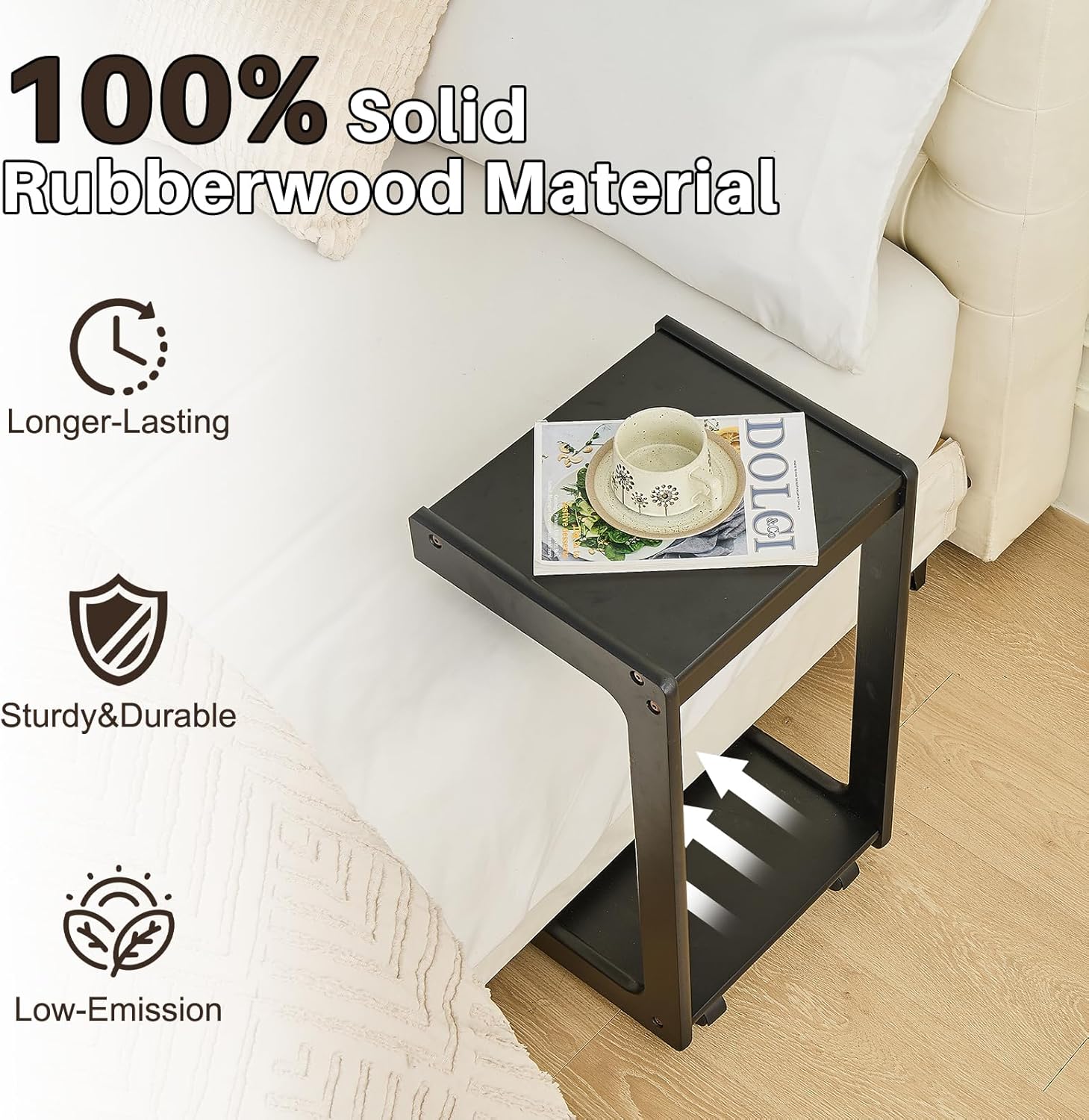 Uniclinens Rolling Side Table for Sofa - C Shape Couch End Table with Wheels, Mobile Wooden Slim Sofa Tray, Movable Small Couch Desk for Living Room Bedroom, Black