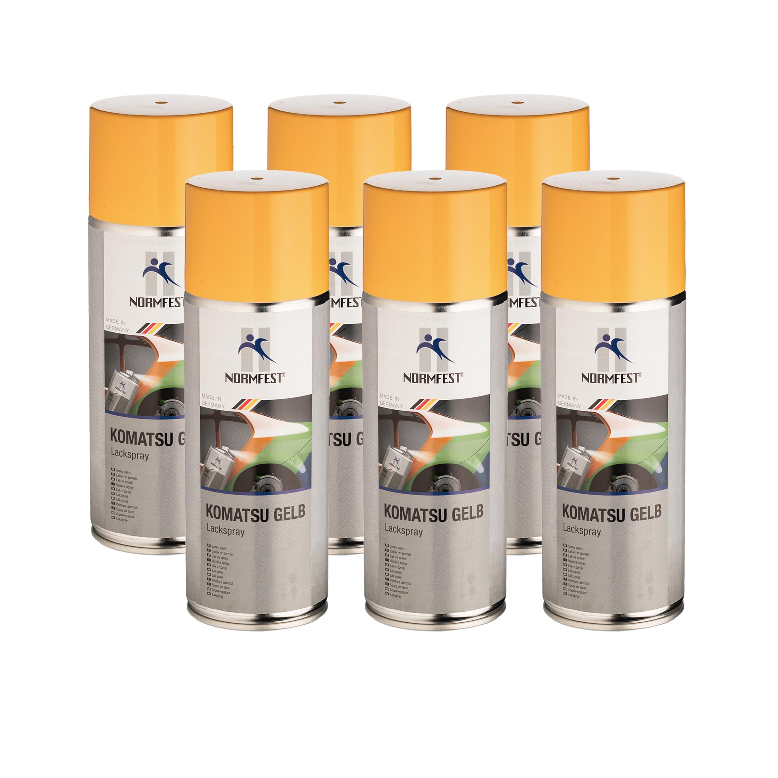 Normfest Lackspray Komatsu Gelb – Seidenglänzender Nitro-Kombinationslack für Metall, Kunststoff und Holz, witterungsbeständig und schnelltrocknend – 6x 400ml