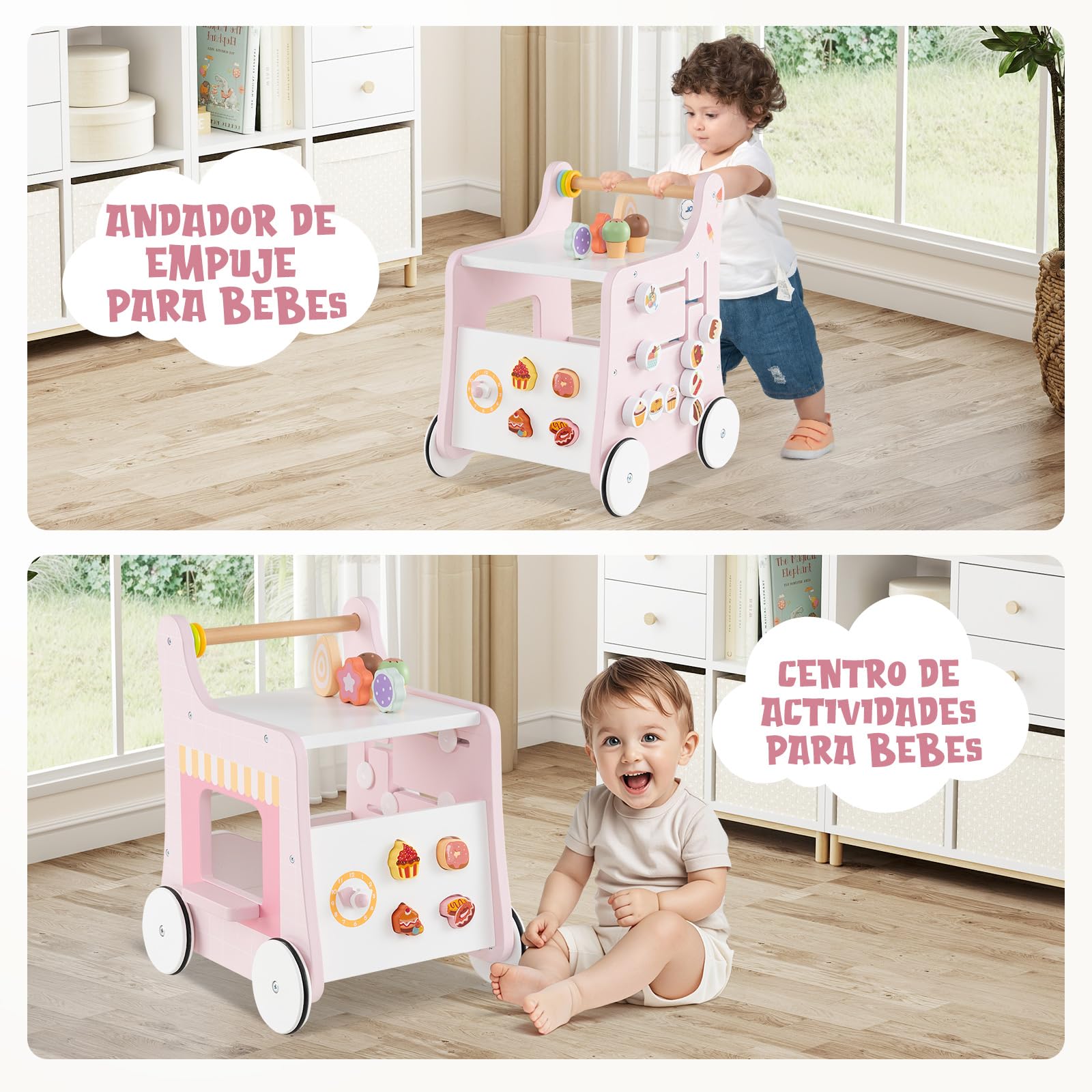COSTWAY Andador Bebés de Madera 2 en 1, Carrito Correpasillos con Almacenamiento, Tienda de Postres para Niños con Accesorios, Centro de Actividades Montessori para Niños de 1+ Año,Tacata Bebe (Rosa)