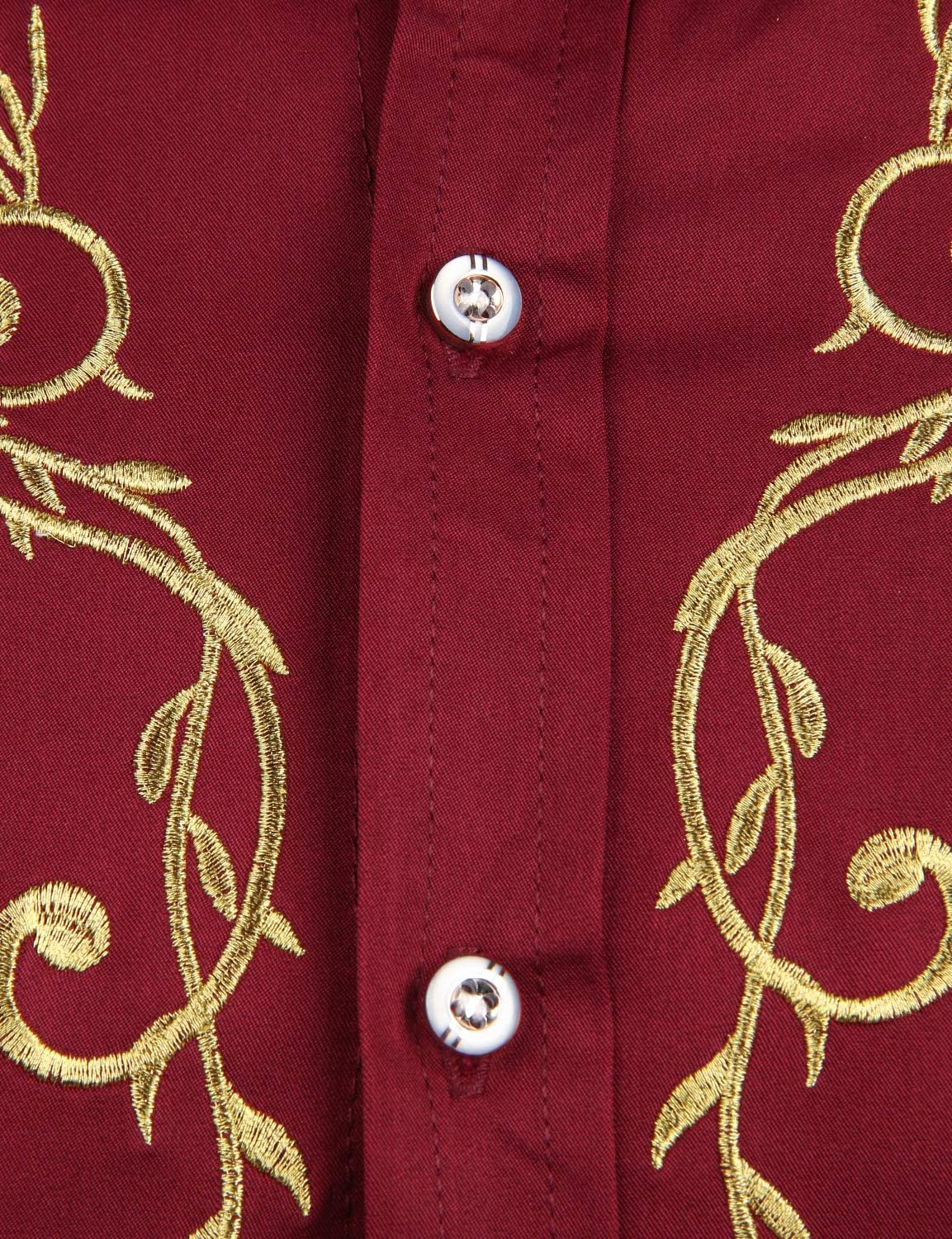 ZEROYAA Men's Western Stylish Band Collar Dress Shirts Embroidery Slim Fit Long Sleeve Mandarin Collar Shirt ZZCL08-Burgundy XX-Large - Image 3