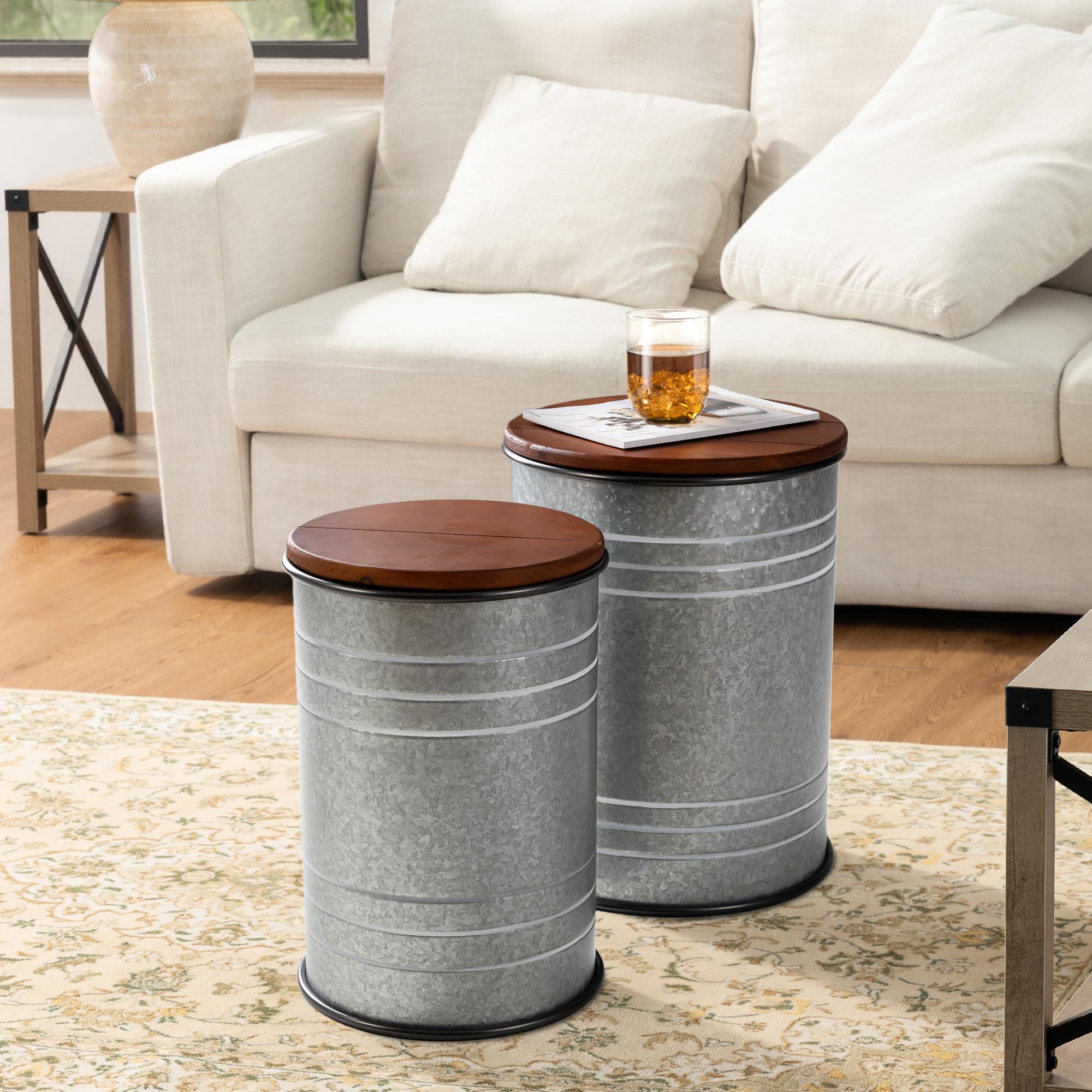 Glitzhome Farmhouse Accent Side Table, Metal Storage Stool Ottoman with Round Lid - Galvanized Coffee Cocktail End Tables Set of 2 for Living Room Bedroom, Grey